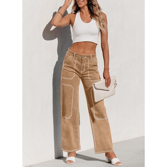 Women's Cargo Jeans Khaki Size 8 Wide Leg Casual Loose Denim Pants - Picture 3 of 9